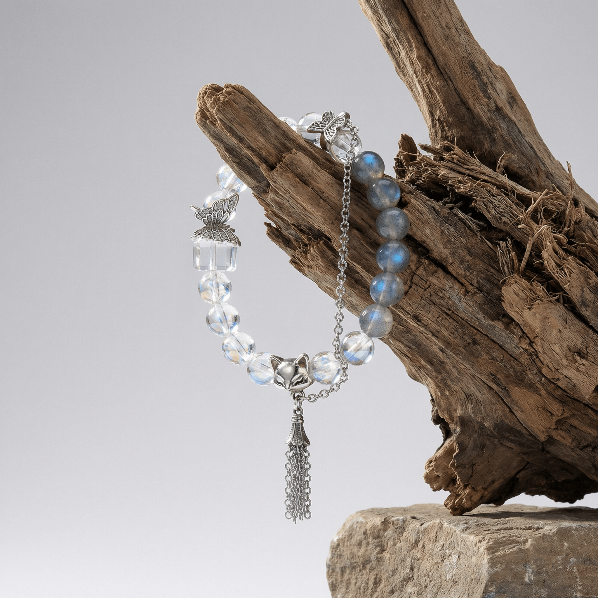 【AF Crystal】shaped butterfly wing | white Acer grey moonstone white bracelet - AuraFlowcrystal