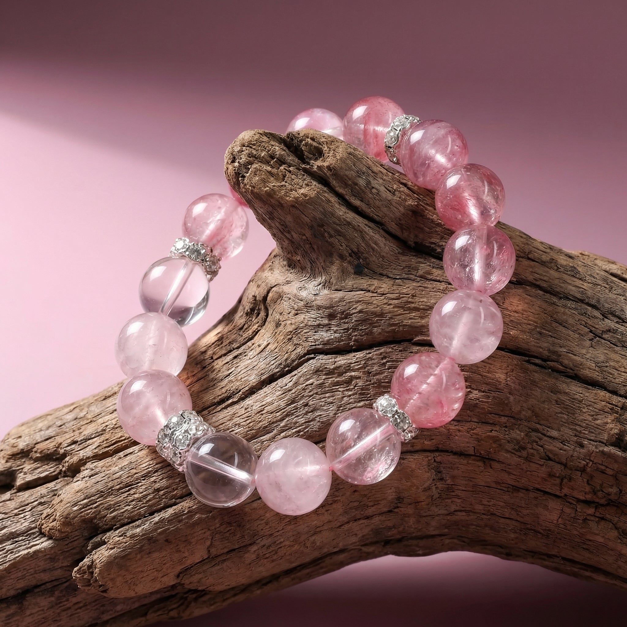 【AF Crystal】L Ai Ming | Grapefruit Pink Cherry Blossom Rain Pink White Bracelet - AuraFlowcrystal