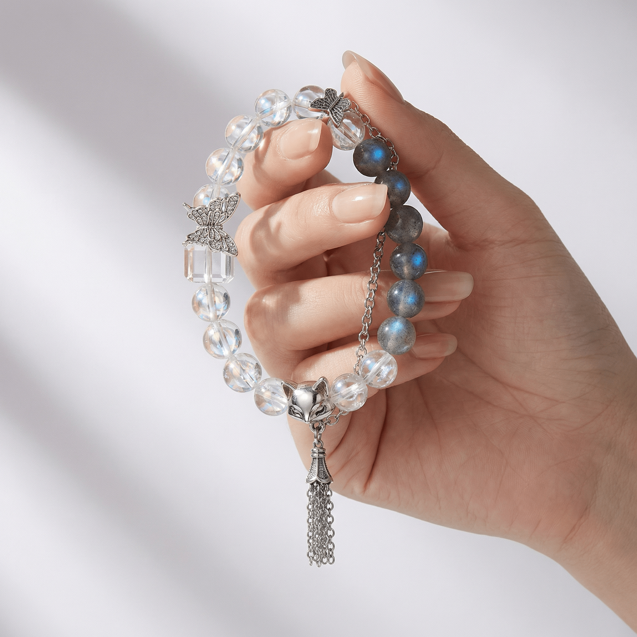【AF Crystal】shaped butterfly wing | white Acer grey moonstone white bracelet - AuraFlowcrystal