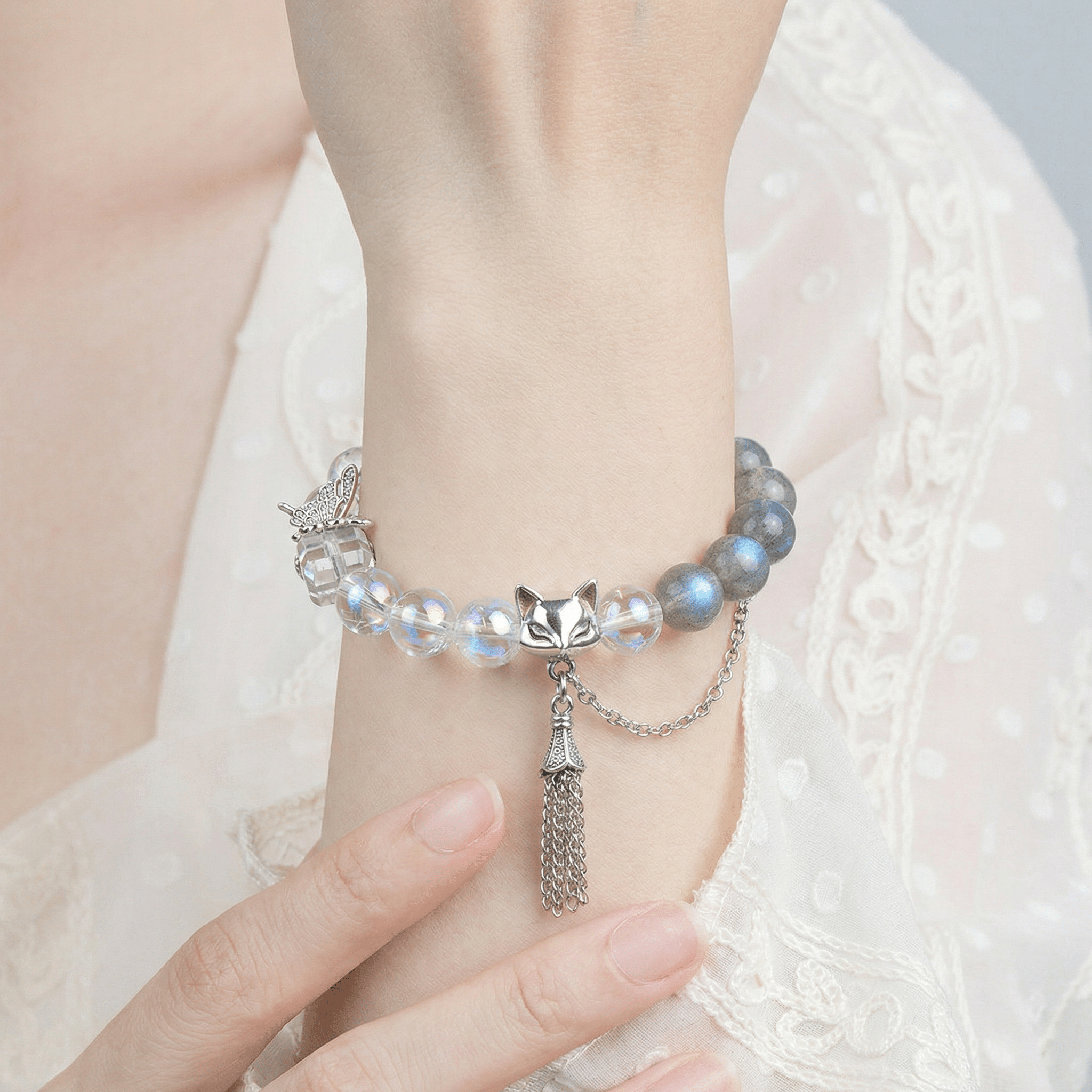 【AF Crystal】shaped butterfly wing | white Acer grey moonstone white bracelet - AuraFlowcrystal